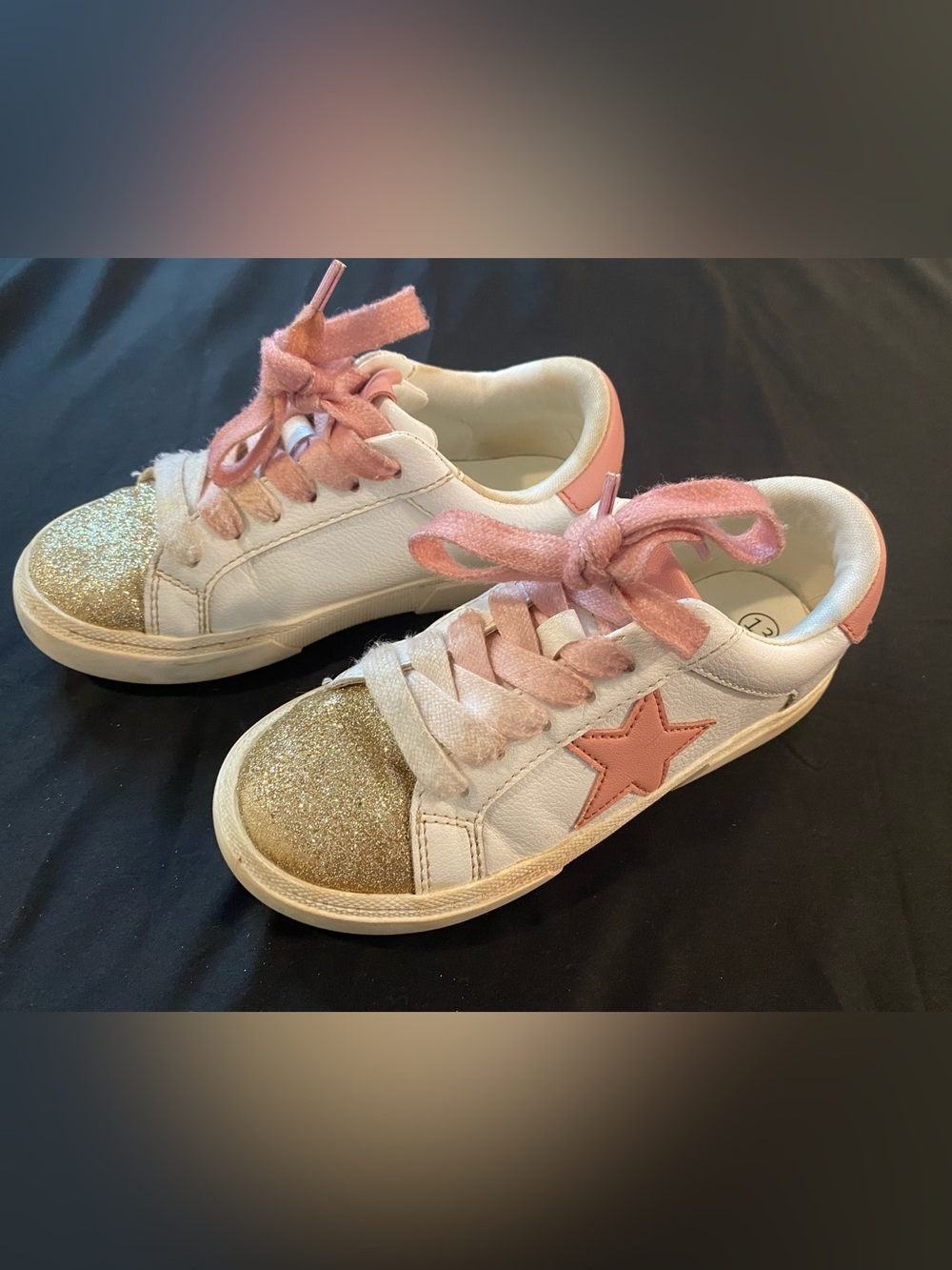 Kids White Sneakers with Pink Star & Gold Glitter Toe
